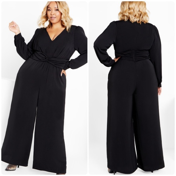 NEW City Chic Blakely Twist Waist Long Sleeve Wide Leg Jumpsuit in Black Sz 20 - Picture 1 of 16